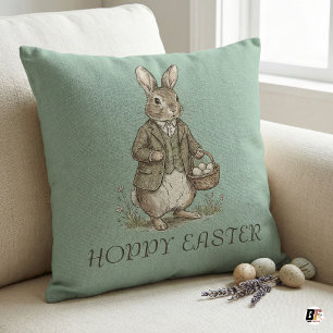 Vintage Rabbit Hoppy Easter Sage Green Farmhouse Throw Pillow