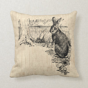 Vintage Rabbit Illustrated Bunny Art Throw Pillow