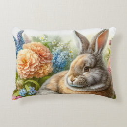 Vintage Rabbit in Flower Garden Floral Accent Pillow