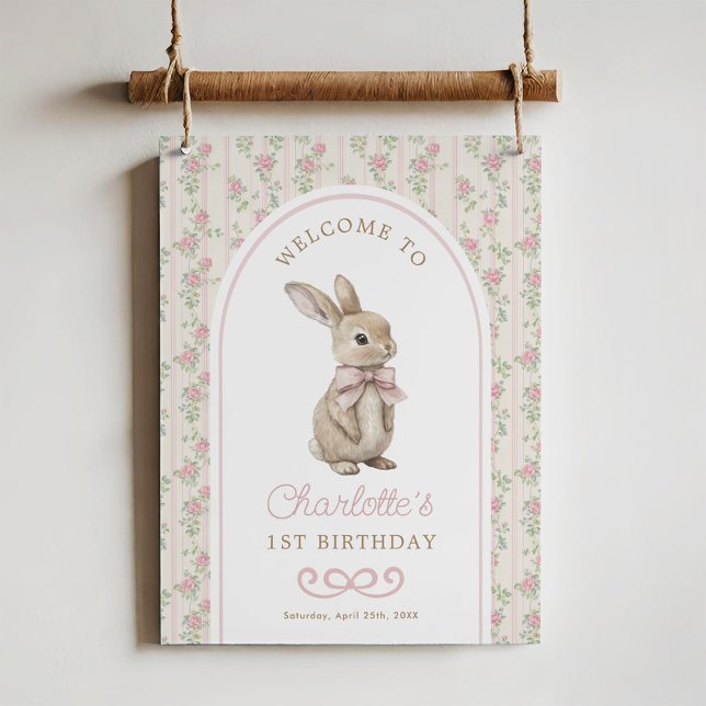 Vintage Rabbit Pink Bow Bunny Birthday Welcome Poster (Creator Uploaded)