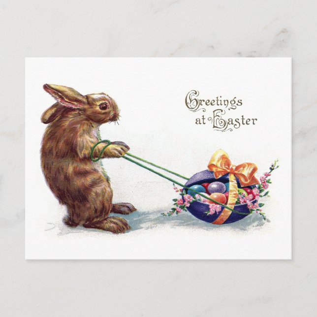 Vintage Rabbit Pulling Easter Egg Holiday Postcard (Front)