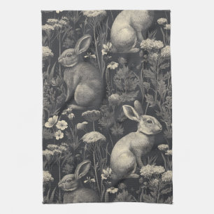 Vintage Rabbit Toile Black Botanical Pattern Kitchen Towel