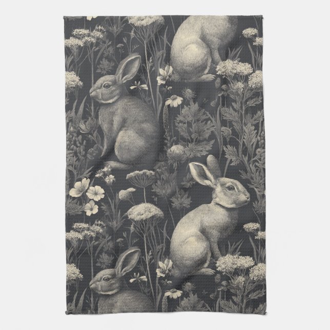 Vintage Rabbit Toile Black Botanical Pattern Kitchen Towel (Vertical)