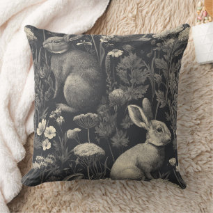 Vintage Rabbit Toile Black Botanical Pattern Throw Pillow