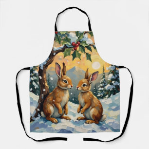 Vintage Rabbits Beneath the Holly Tree Christmas Apron