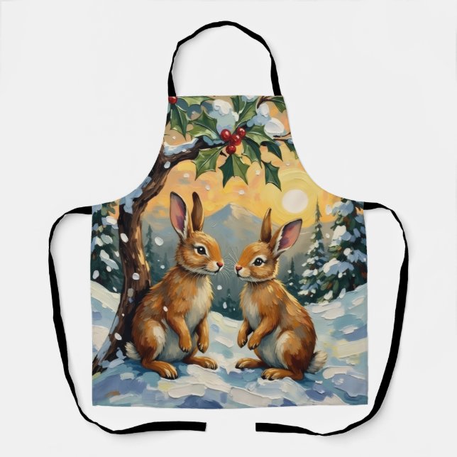 Vintage Rabbits Beneath the Holly Tree Christmas Apron (Front)