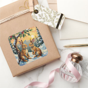 Vintage Rabbits Beneath the Holly Tree Christmas Square Sticker