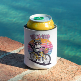Vintage Raccoon Biking See Ya Soon Retro Sunset  Can Cooler