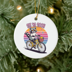 Vintage Raccoon Biking See Ya Soon Retro Sunset Ceramic Ornament