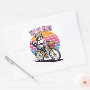 Vintage Raccoon Biking See Ya Soon Retro Sunset Square Sticker