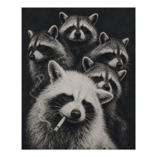 Vintage Raccoon Family Black and White Poster