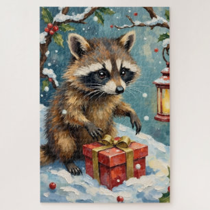 Vintage Raccoon Opening Christmas Gift Box Art Jigsaw Puzzle