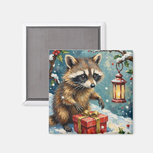 Vintage Raccoon Opening Christmas Gift Box Art Magnet