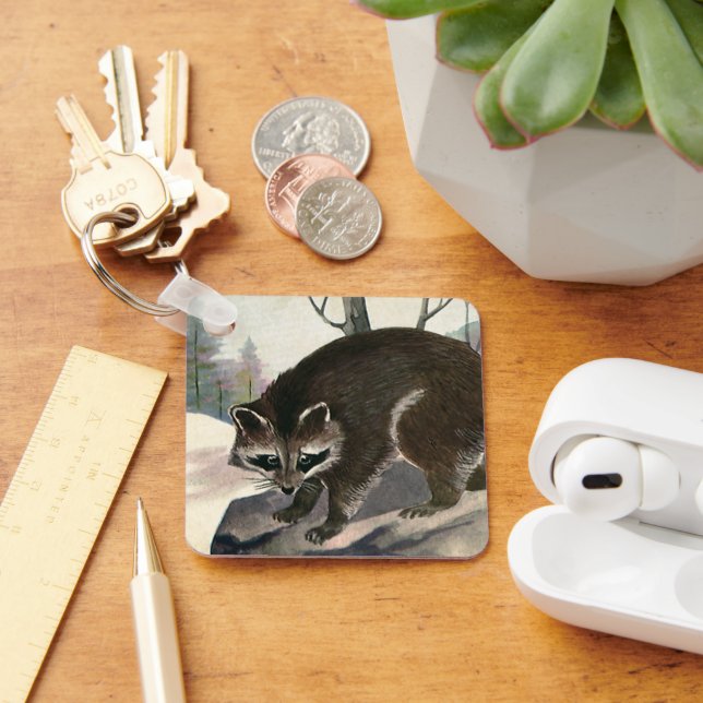 Vintage Raccoon, Wild Animal Forest Creatures Keychain (Desk)