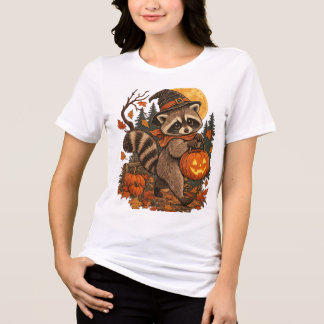 Vintage Raccoon Witch Halloween Pumpkin Fall Autum Tri-Blend Shirt
