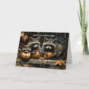 Vintage Raccoons and Pumpkins Autumn Thanksgiving Holiday Card