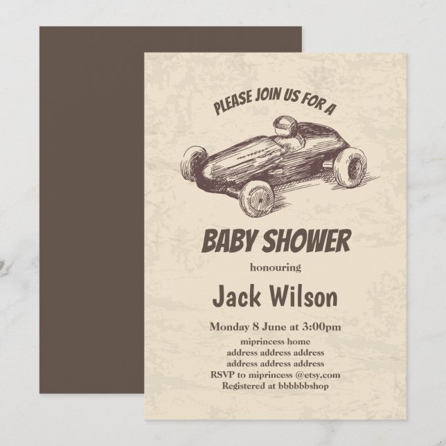 vintage, race car baby shower invitation (Front/Back)