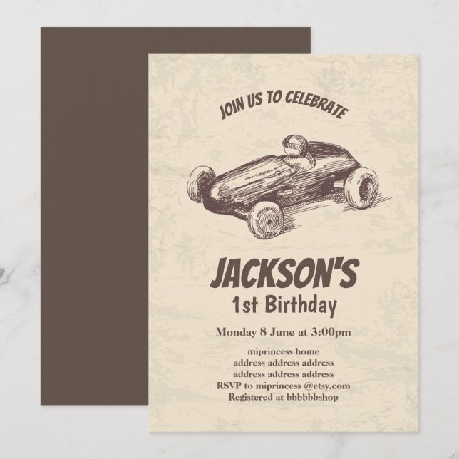 vintage, race car birthday invitation (Front/Back)