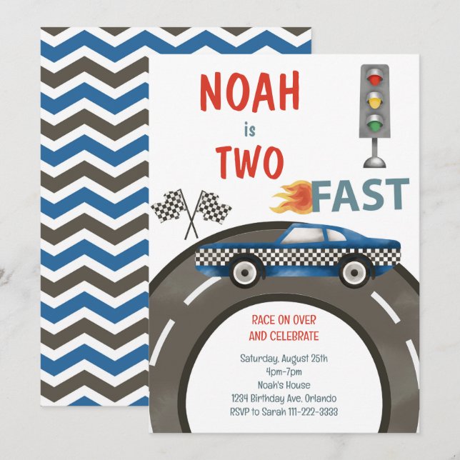Vintage Race Car Blue 2nd Birthday Invitation (Front/Back)