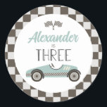 Vintage Race Car Three Birthday Classic Round Sticker<br><div class="desc">Blue Vintage Race Car 3rd Birthday stickers.</div>