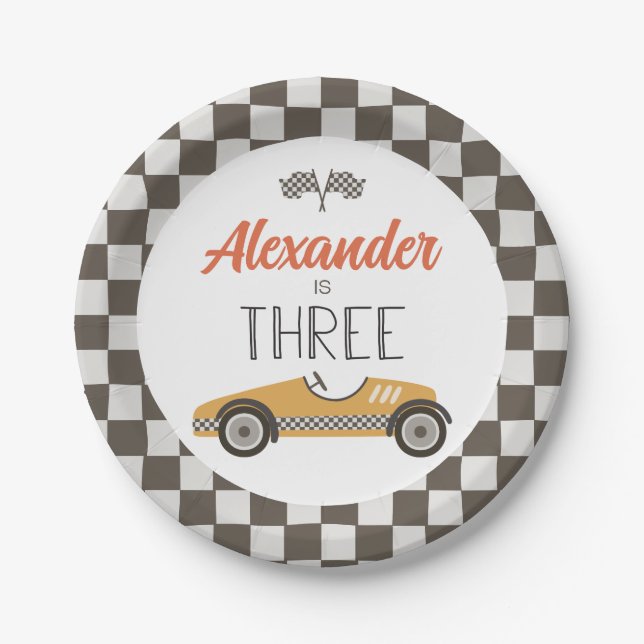 Vintage Race Car Three Birthday Paper Plates (Front)