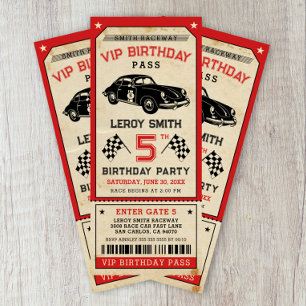 Vintage Race Car Ticket Pass Boy Birthday Party Invitation