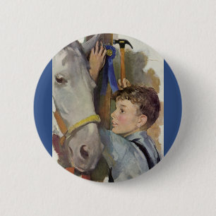 Vintage Race Horse, Blue Ribbon Winner with a Boy 2 Inch Round Button