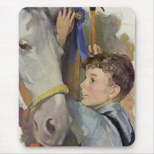 Vintage Race Horse, Blue Ribbon Winner with a Boy Mouse Pad