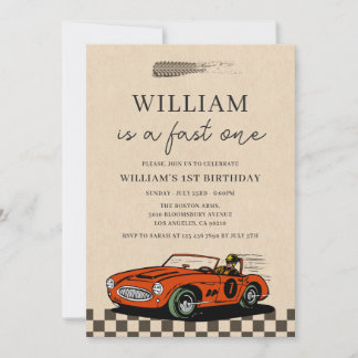 Vintage Racing Car Fast One Boy 1st Birthday Invitation