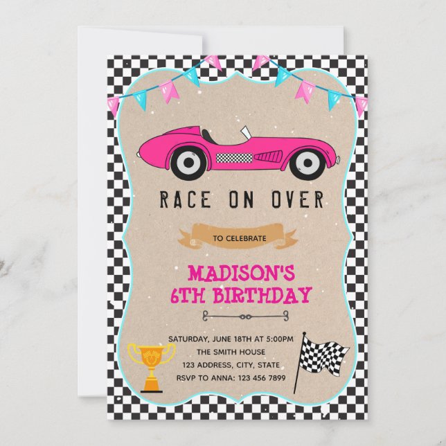 Vintage racing car girl birthday invitation (Front)