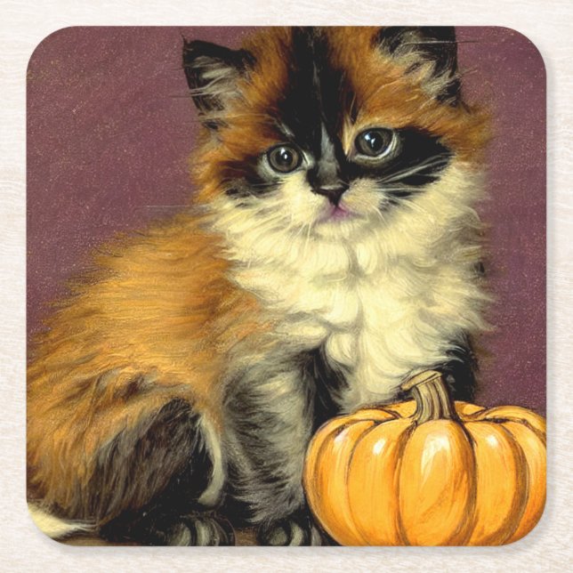 Vintage Ragdoll Halloween Cat Square Paper Coaster (Front)