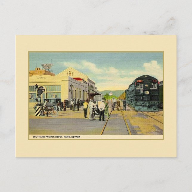 Vintage railroad depot and train Reno Nevada Postcard (Front)