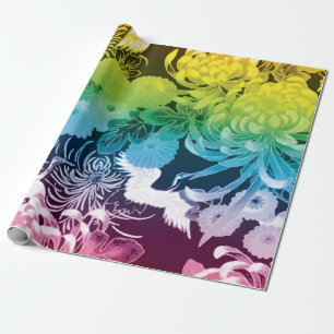 Vintage rainbow flowers and birds wrapping paper