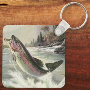 Vintage Rainbow Trout Fish, Fisherman Fishing Keychain