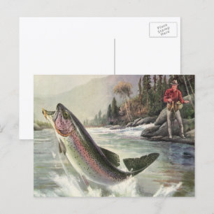 Vintage Rainbow Trout Fish, Fisherman Fishing Postcard