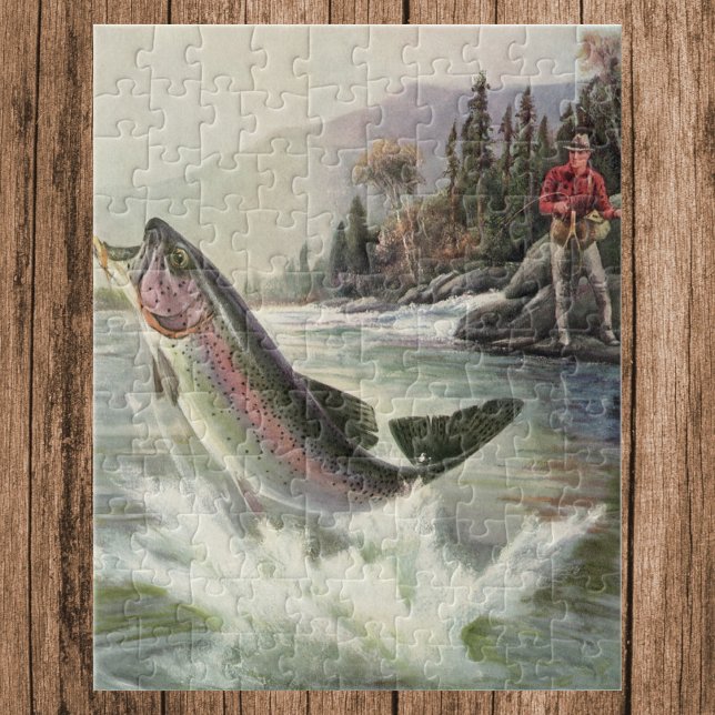Vintage Rainbow Trout Fisherman Fishing for Fish Jigsaw Puzzle (Vintage Rainbow Trout Fish, Fisherman Fishing Jigsaw Puzzle)