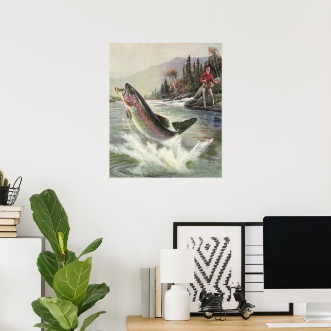 Vintage Rainbow Trout Fisherman Fishing for Fish Poster (Home Office)