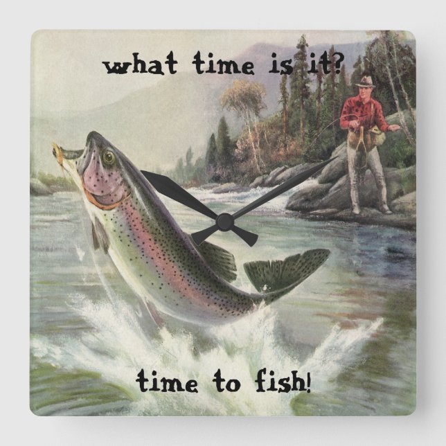 Vintage Rainbow Trout Fisherman Fishing for Fish Square Wall Clock (Front)