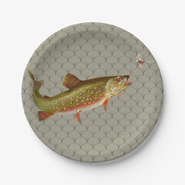 Vintage Rainbow Trout Fly Fishing Paper Plate (Front)