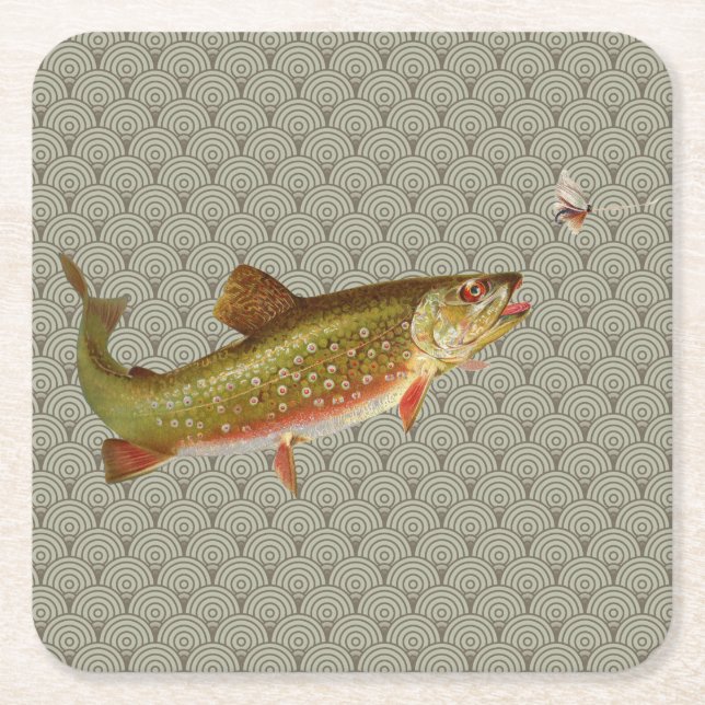 Vintage Rainbow Trout Fly Fishing Square Paper Coaster (Front)