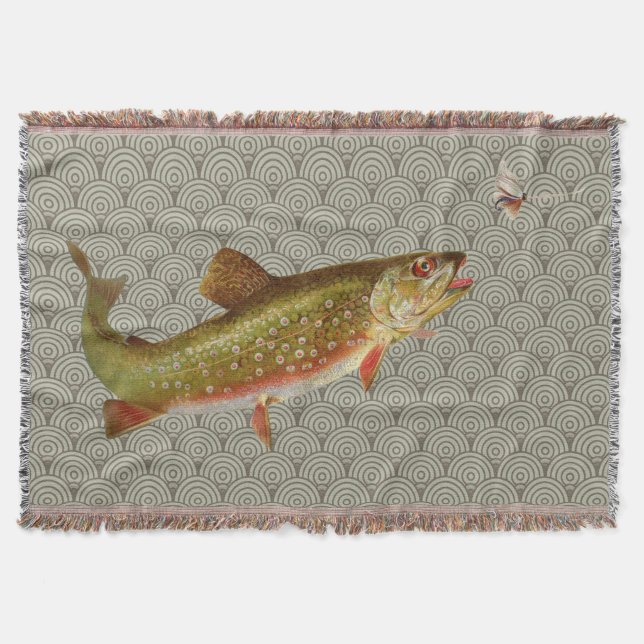 Vintage Rainbow Trout Fly Fishing Throw Blanket (Front)