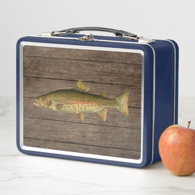 Vintage Rainbow Trout Wood Grain Metal Lunchbox (In Situ)