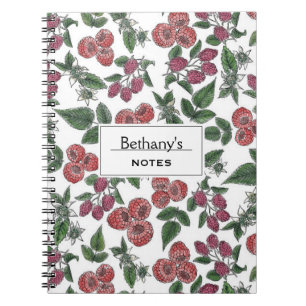 Vintage Raspberry Leaves Illustration Personalised Notebook