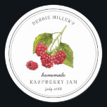 Vintage Raspberry on white Jam  Classic Round Sticker<br><div class="desc">Elegant Personalized hand painted watercolor vintage style Raspberry,  Jam jar label. Use for your homemade jam's or anything you choose. Makes great gift. Fill your information on label and enjoy.</div>