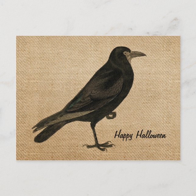 Vintage Raven  Burlap Postcard Personalize (Front)