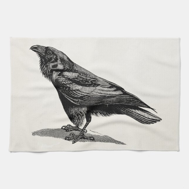 Vintage Raven Crow Blackbird Bird Illustration Kitchen Towel (Horizontal)