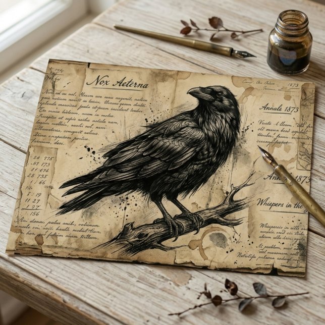Vintage Raven Dark Academia Decoupage Tissue Paper (Gothic raven decoupage tissue paper)
