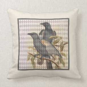 Vintage Raven Ephemera on Cream Harlequin Pattern Throw Pillow