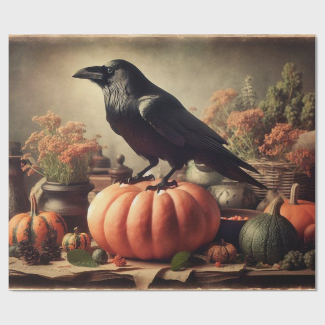 Vintage Raven Photo Gothic Halloween Decoupage Wrapping Paper (Flat)