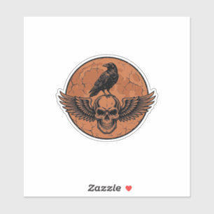 Vintage Raven Winged Skull Orange Moon Vector Desi